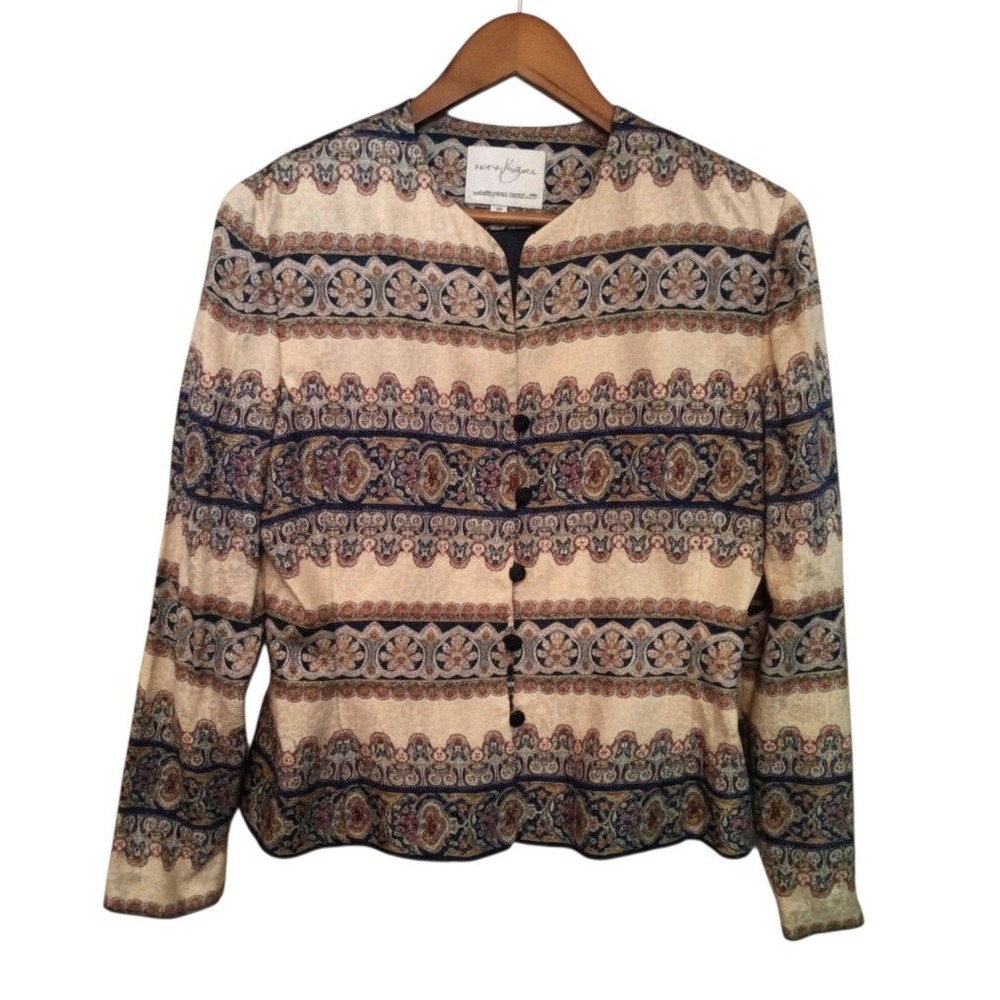Safe‎ Silk By Adrianna Papell Tapestry Print Blazer Jacket Navy Cream Boho Sz 10